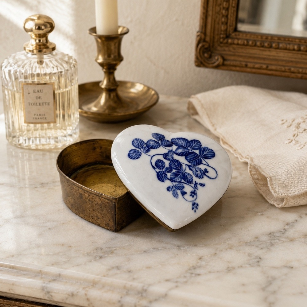 Vintage Heart Trinket Box Brass Porcelain Blue Floral Jewelry Keepsake 1970s
